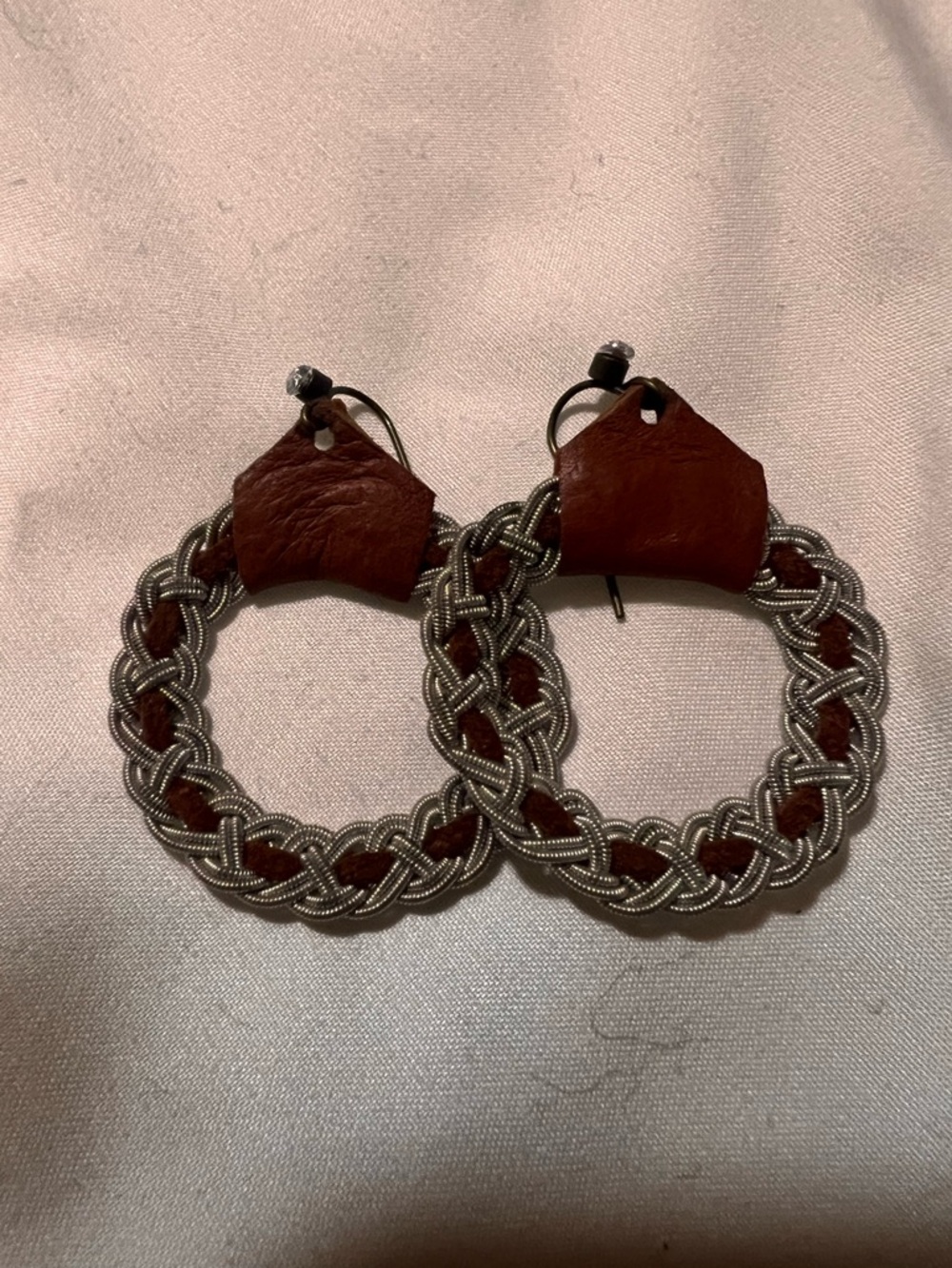 Braided Silver and Brown Leather Hoop Earrings